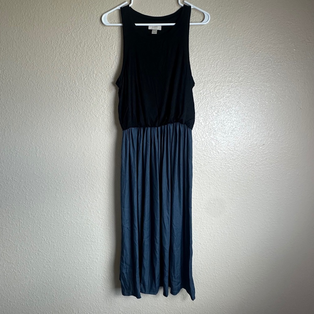 Loft Dress Sleeveless Two Tone Black & Blue Blouson Midi Sleeveless Dress Small